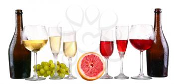 bottle, a row of white wine glasses with wine and grapes isolated on white background