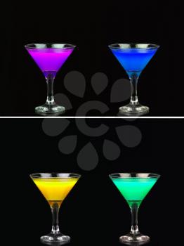 Collage Cosmopolitan cocktail nice purple blue, yellow and green to black background