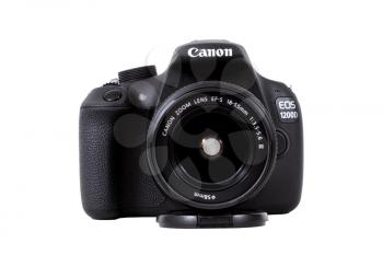 KIEV, UKRAINE, APRIL 25, 2016: Canon EOS 1200D Kit 18-55 DC DSLR black. Canon is the world largest SLR camera manufacturer.