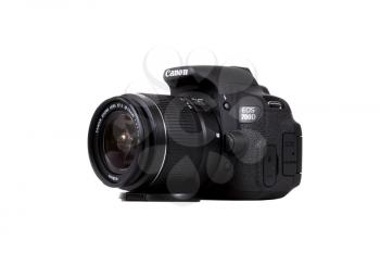 KIEV, UKRAINE, APRIL 25, 2016:  Canon EOS 700D Kit 18-55 IS DSLR black. Canon is the world largest SLR camera manufacturer.