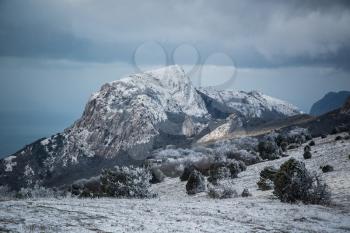 Winter snow landscapes, mountains and forest. Crimea