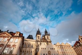Prague, Czech Republic - 11.08.2019, Old Town Square is the heart of the Czech city of Prague with many churches, old houses, a town hall and Prague chimes