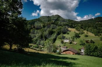 Summer view of a beautiful apline village in Switzerland. green field, footpath with wooden fence in Switzerland village.