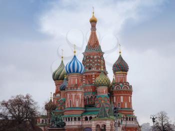View of St. Basil's Cathedral in winter. The central square of Moscow named Red Square. The architecture of the capital of Russia.