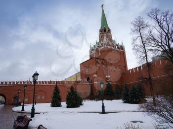 The Moscow Kremlin, the Kremlin wall on a winter day in Moscow, Russia. Architecture and sightseeing