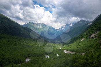 Green river valley canyon wide summer panorama North Caucasus landscape, Dombai, Russia. summer in the mountains