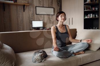 Beautiful young woman with a house cat on the couch. cozy family atmosphere. the asian lady meditates and the pet is lying near. serenity, concentration and relaxation concept
