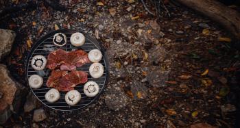 Beef steaks on grill outdoor near river. beef and mushrooms in a portable barbecue outdoors