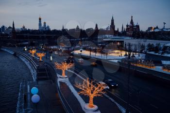 New year eve in Moscow. Festive illumination in the capital of Russia. New year trip to Moscow. Celebrating Xmas in Russia