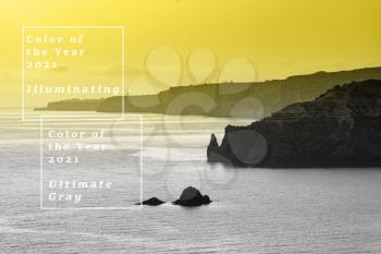 beautiful seascape at sunset. abstract screen saver for color presentation. Trendy colors of the year 2021 - Gray and Yellow.