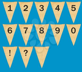 High resolution isolated sack cloth pennants with the numbers and exclamation and questions marks embossed on each to create pennant flag messages in the sky