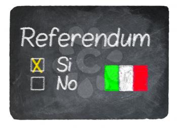 Italy Constitutional reform vote of No written in chalk on a chalky natural slate blackboard isolated against white background with copy space