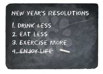 New Years Resolution joke message written in chalk on a chalky natural slate blackboard isolated against white background