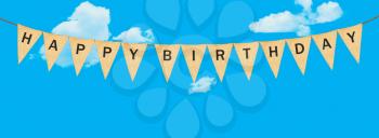 High resolution isolated sack cloth pennants with the letters embossed on each to create pennant flag message of Happy Birthday in the sky