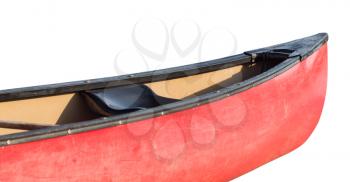 Red prow of canoe or kayak with clipping path to allow easy isolation from white background behind the boat