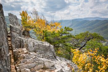 Summit of the rocky granite mountain top of Seneca Rocks in West Virginia