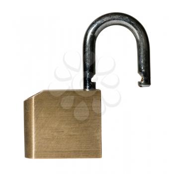 Close shot of a solid brass padlock with hardened hasp with path and isolated against white background