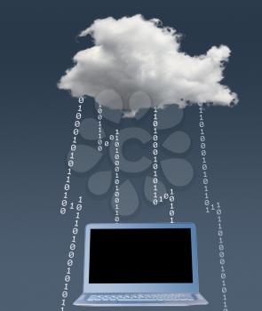 Concept image for cloud computing and online applications with a dark cloud and lightning showing problems with connected laptop