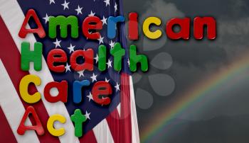 Childs magnetic letters spell American Health Care Act in congress. This is superimposed on a US flag with stormy weather and rainbow