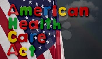 Childs magnetic letters spell American Health Care Act in congress. This is superimposed on a US flag with stormy weather and clouds