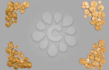 Solid gold USA coins arranged around edge of plain grey background. Suitable for header image or concept for wealth or financial management