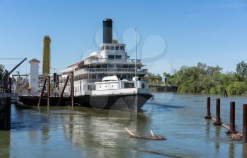 SACRAMENTO, CALIFORNIA - APRIL 23: Restored Delta King Paddleboat moored on April 23, 2017. The boat was totally restored in 1989.