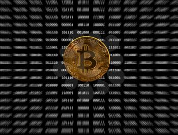 Single gold bitcoin icon superimposed on zooming out black digital bit background