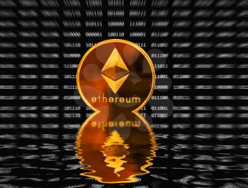 Single gold ether or ethereum icon superimposed on black digital bit background as though it is rising from water
