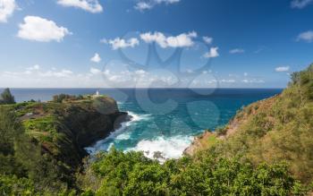 Panorama of cliffs housing bird sanctuary at Kilauea Lighthouse on north shore of Kauai