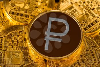 Illustration of Ruble coin on gold background to illustrate blockchain and cyber currency
