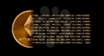 Single ether or ethereum coin with gold bits or bitstream against a black background