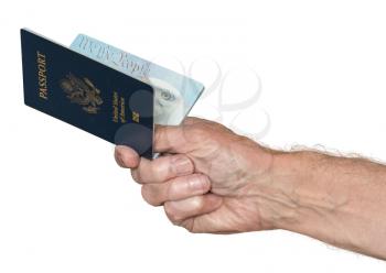 Isolated image of a senior man arm and hand holding a USA passport