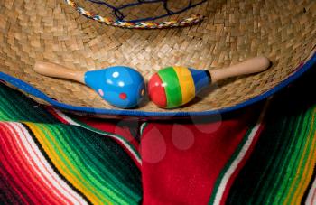 Cinco de Mayo background image on with maracas and sombrero on wooden rustic boards