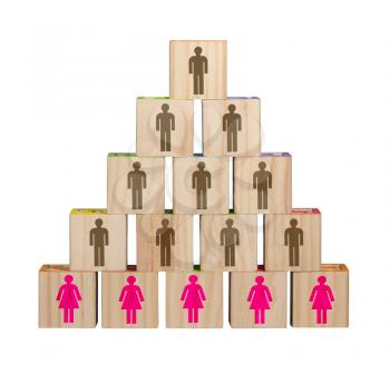 Isolated image of traditional male dominated organization chart with women in menial roles made from blocks
