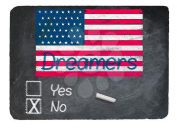 Dreamers No Vote message written in chalk on a chalky natural slate blackboard for current debate over Dreamers