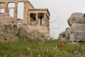 Ancient statues of the Caryatids on the Erechtheion or Erechtheum temple in Acropolis