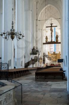 Calm interior of the Basilica of the Assumption of the Blessed Virgin Mary in Gdansk, Poland