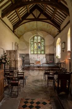 Interior of a very simple Church of England chapel of St Michael and All Angels in Croft