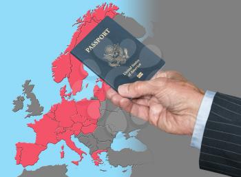Senior man holding US passport on map of Schengen Zone of European Union in preparation for ETIAS visa