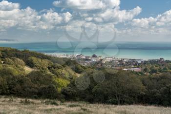 Panoramic overview of the seaside town of Eastbourne from the downs leading to Beachy Head