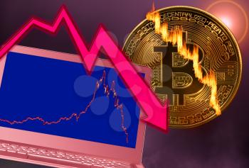 Concept of bitcoin or cyber currency price crash with laptop with falling price graph