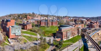 Aerial drone panoramic shot of the empty downtown campus of WVU in Morgantown West Virginia during the coronavirus shutdown