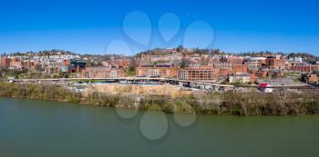 Aerial drone panoramic shot of the empty downtown campus of WVU in Morgantown West Virginia during the coronavirus shutdown