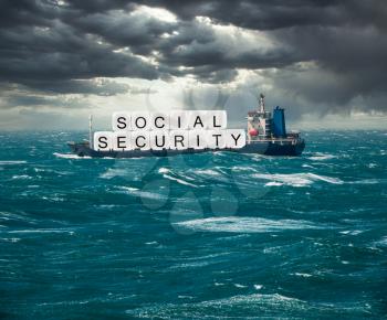 Social Security letters carried on freight ship in stormy seas as concept for issues around funding of USA pensions to seniors