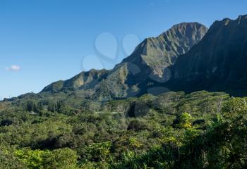 Steep tree covered mountain ridge rises above the Ho'omaluhia Botantical Gardens on Oahu