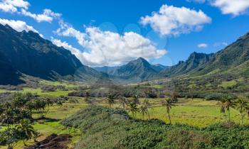 Panorama of the Kualoa or Ka'a'awa valley near Kaneohe on Oahu used in jurassic films