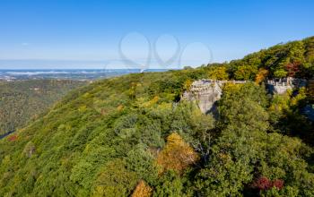 Aerial drone image of the Coopers Rock state park overlook over the Cheat River in narrow wooded gorge in the autumn towards Cheat Lake Morgantown, WV