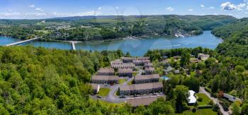 Panorama of a townhome development at Cheat Lake from aerial drone shot near Morgantown, West Virginia