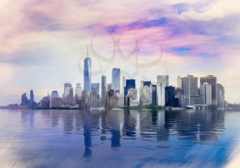 Digital pastel painting of a panorama of Manhattan in New York City from the Hudson River