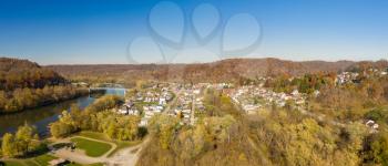 Aerial drone panoramic shot of the downtown area of Point Marion in Pennsylvania